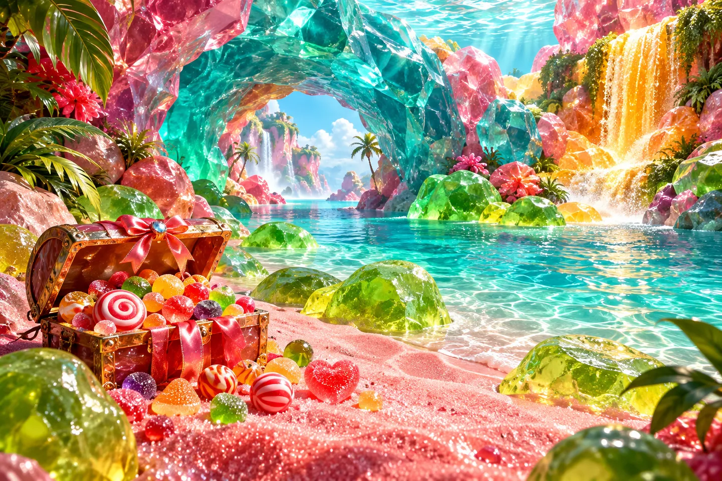 Sugar crystal arch over turquoise water, lime jelly rocks and a ribboned sweet chest