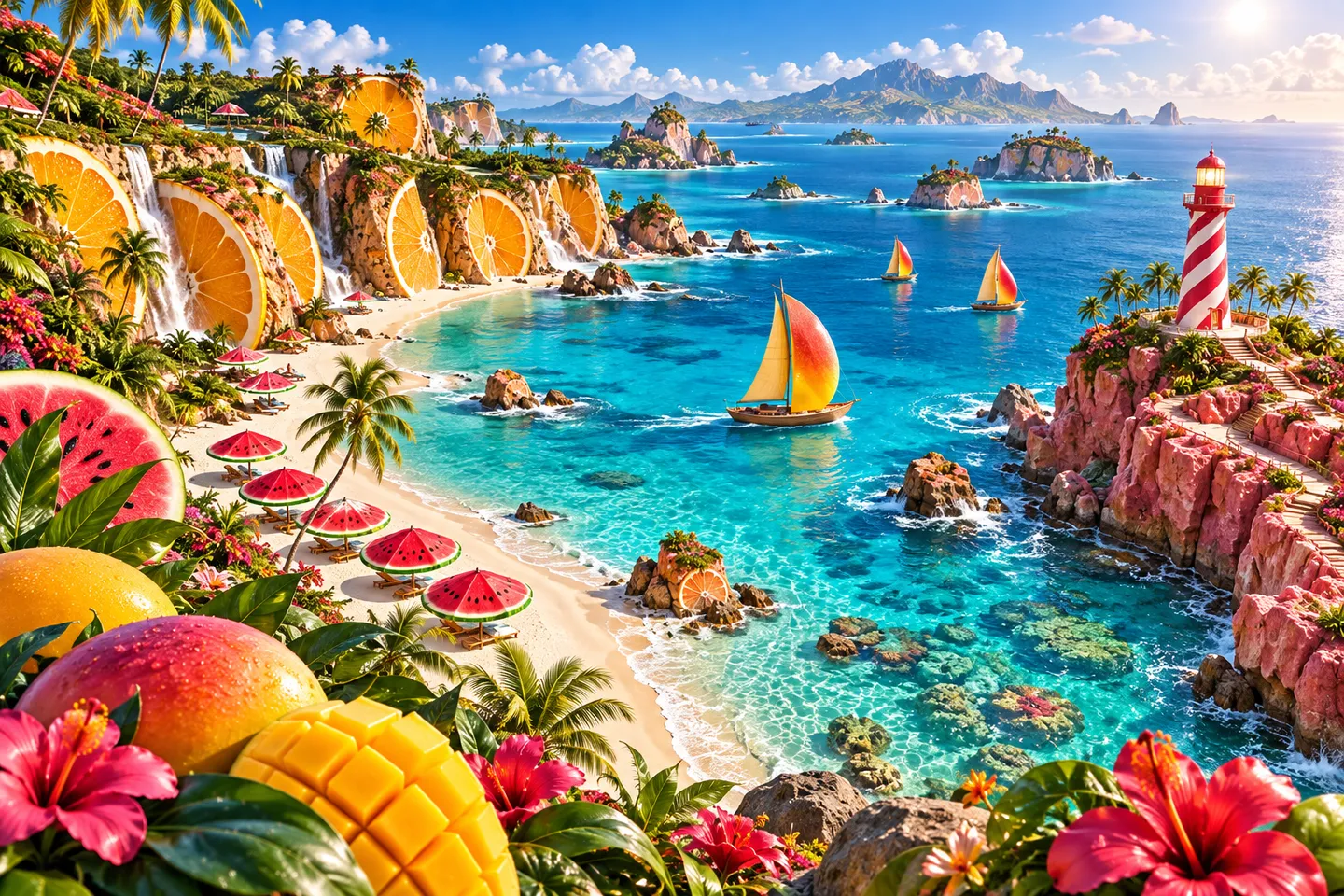 A turquoise lagoon between orange slice cliffs and a striped candy lighthouse