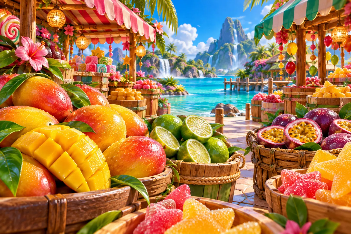 Tropical candy market with coral awnings and baskets of mango, lime and passionfruit