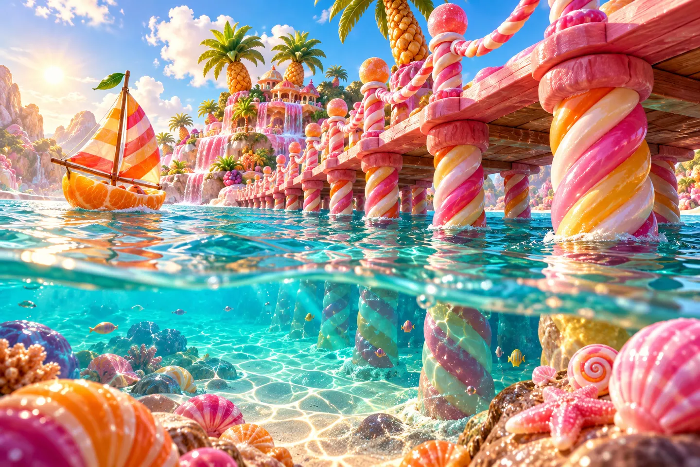 Pink candy pier with curled lollipop columns above clear tropical water