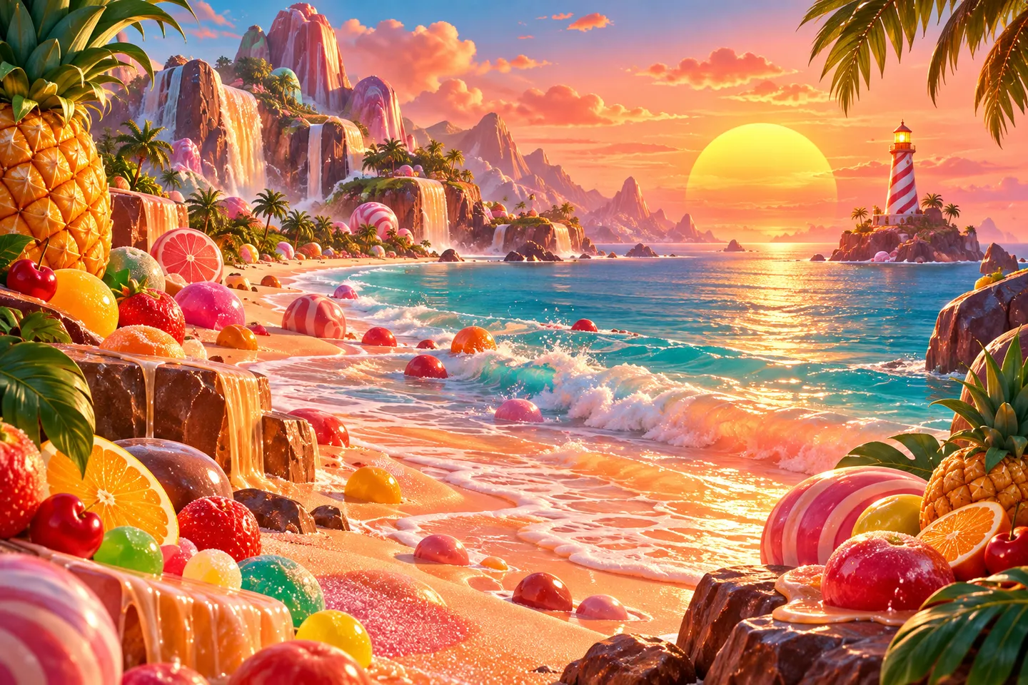 Golden light on a candy peninsula with peach surf and a distant striped lighthouse